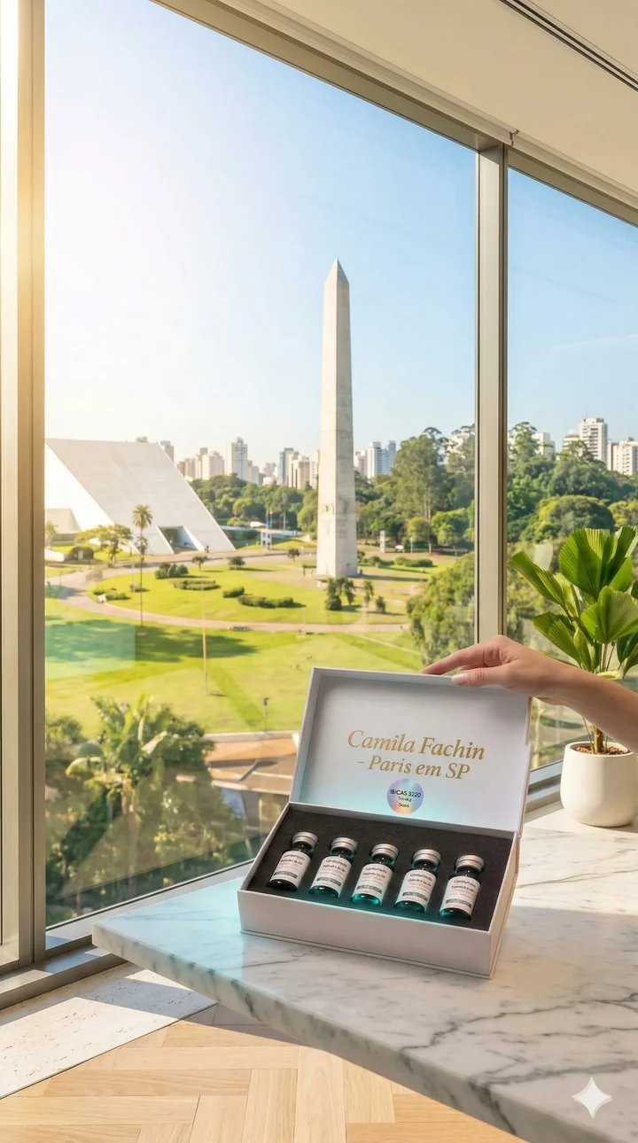 Kit de ampolas Exosso.Hair sobre mesa de mármore com Parque Ibirapuera ao fundo